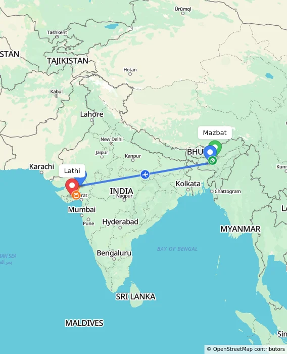 Route map showing distance and travel time from Mazbat, India to Lathi, India