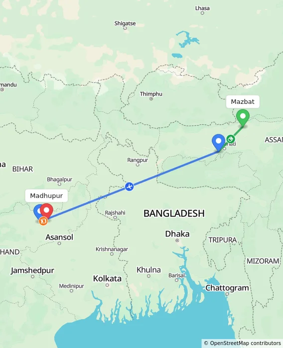 Route map showing distance and travel time from Mazbat, India to Madhupur, India