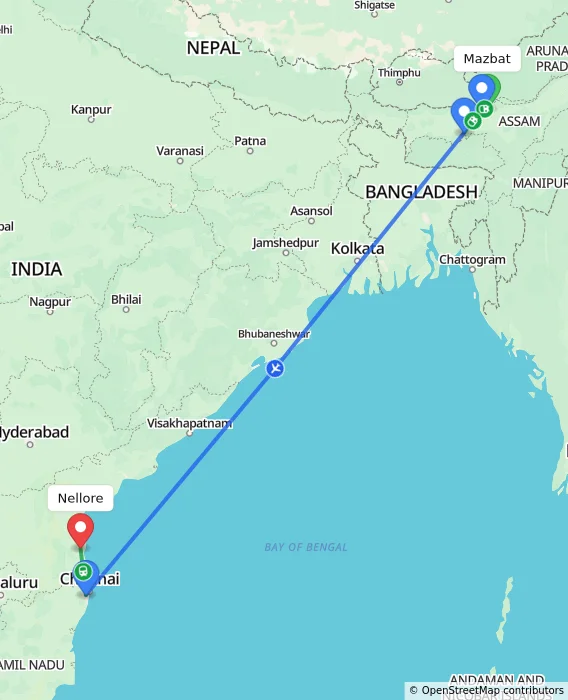 Route map showing distance and travel time from Mazbat, India to Nellore, India