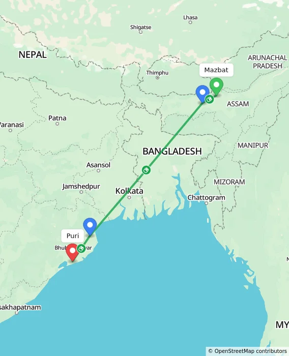Route map showing distance and travel time from Mazbat, India to Puri, India