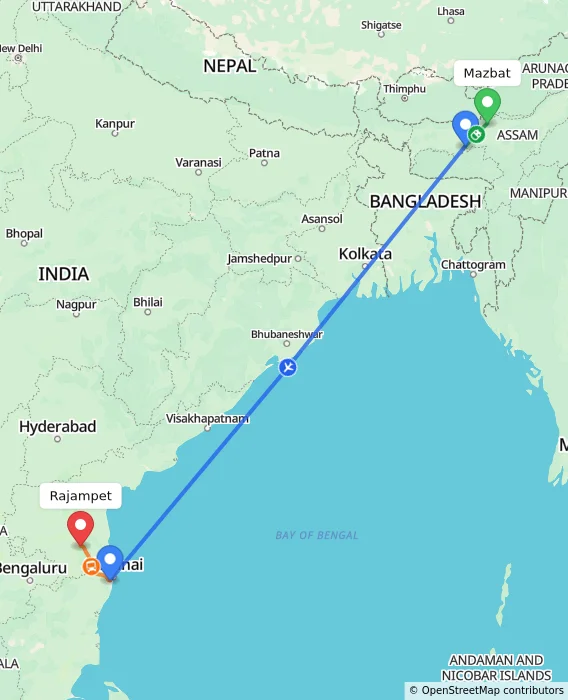 Route map showing distance and travel time from Mazbat, India to Rajampet, India