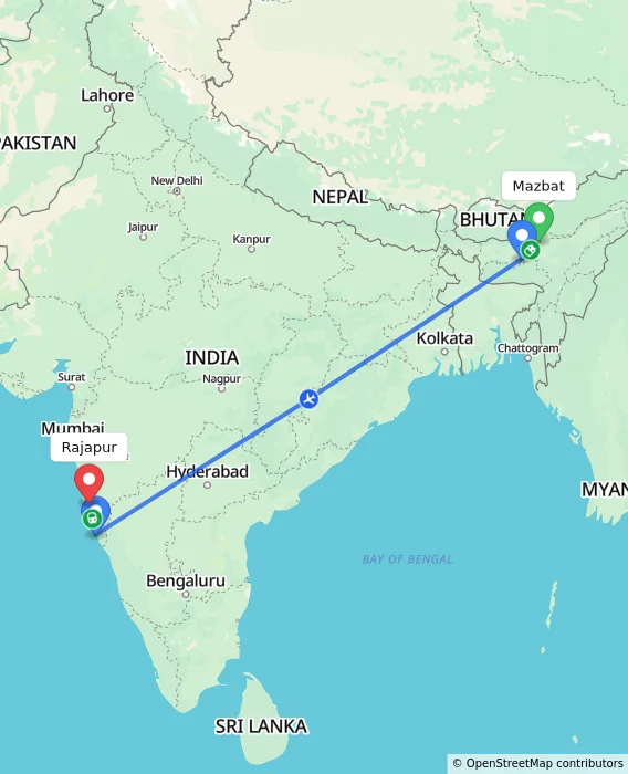 Route map showing distance and travel time from Mazbat, India to Rajapur, India