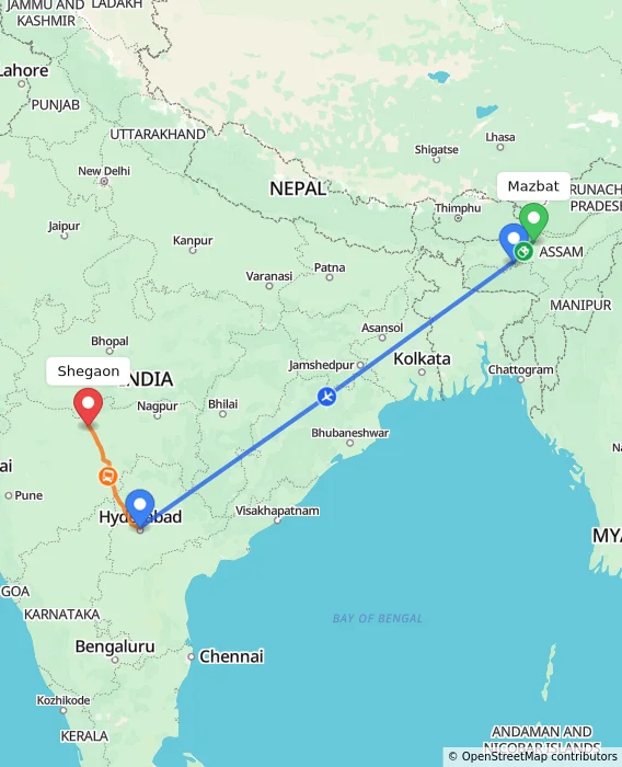 Route map showing distance and travel time from Mazbat, India to Shegaon, India