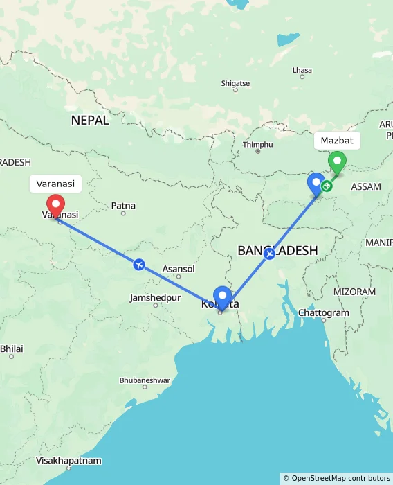Route map showing distance and travel time from Mazbat, India to Varanasi, India