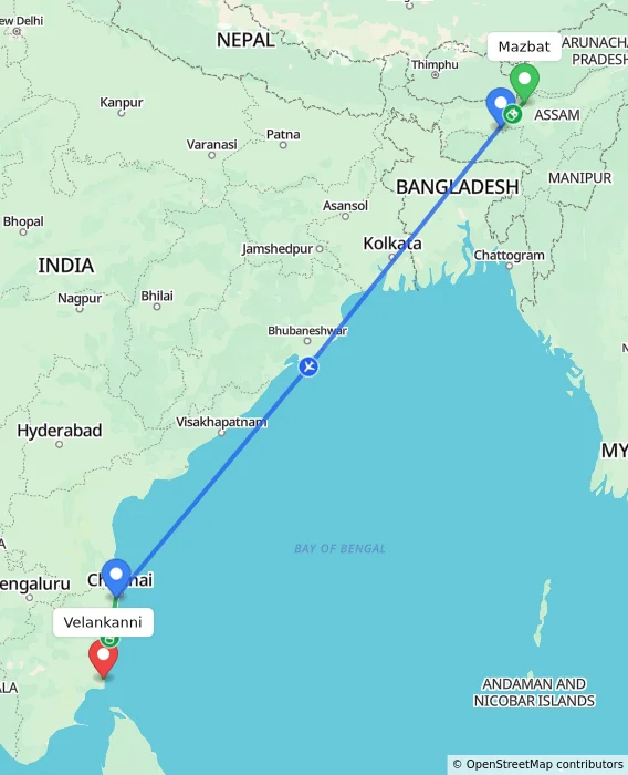 Route map showing distance and travel time from Mazbat, India to Velankanni, India