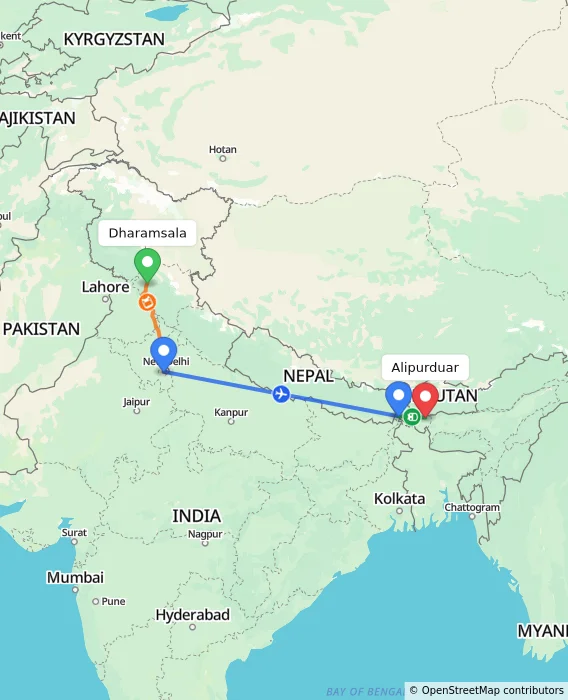 Route map showing distance and travel time from Dharamsala, India to Alipurduar, India