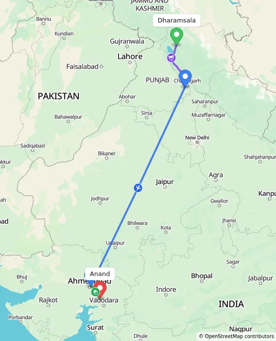 Route map showing distance and travel time from Dharamsala, India to Anand, India