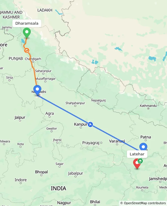 Route map showing distance and travel time from Dharamsala, India to Latehar, India