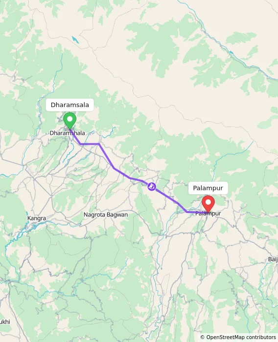 Route map showing distance and travel time from Dharamsala, India to Palampur, India