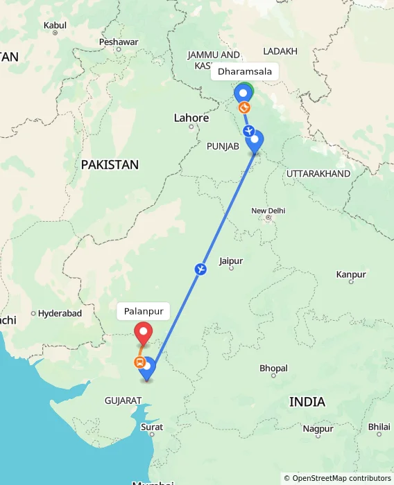 Route map showing distance and travel time from Dharamsala, India to Palanpur, India