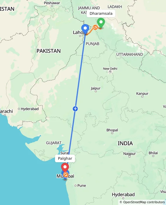 Route map showing distance and travel time from Dharamsala, India to Palghar, India
