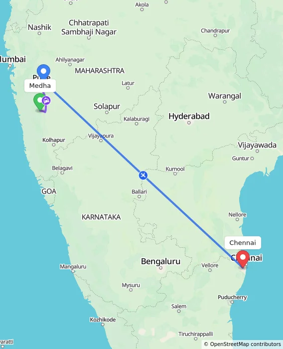 Route map showing distance and travel time from Medha, India to Chennai, India