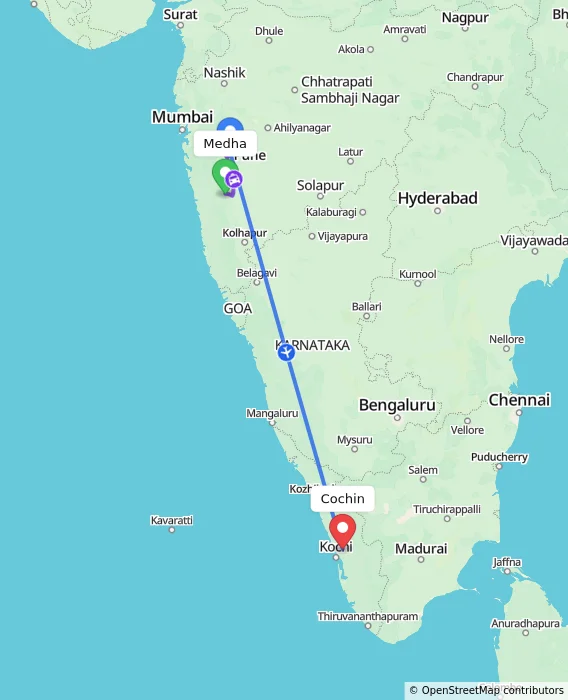 Route map showing distance and travel time from Medha, India to Cochin, India