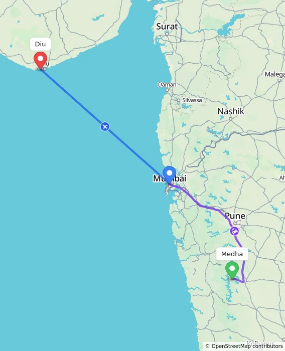 Route map showing distance and travel time from Medha, India to Diu, India
