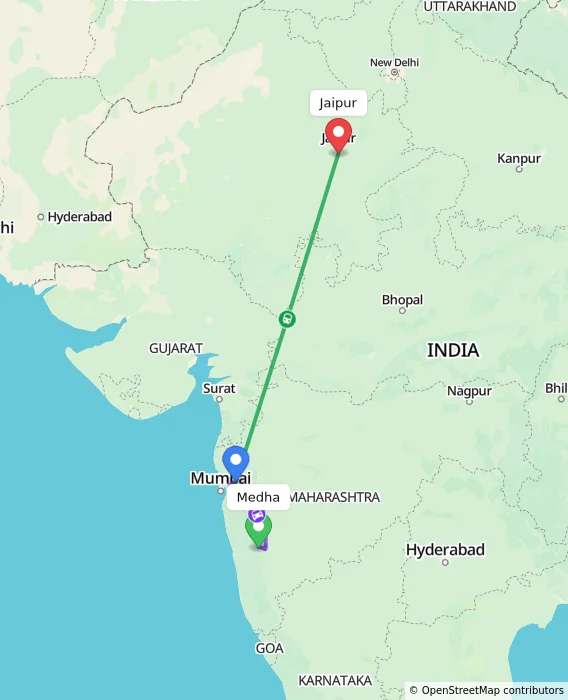 Route map showing distance and travel time from Medha, India to Jaipur, India