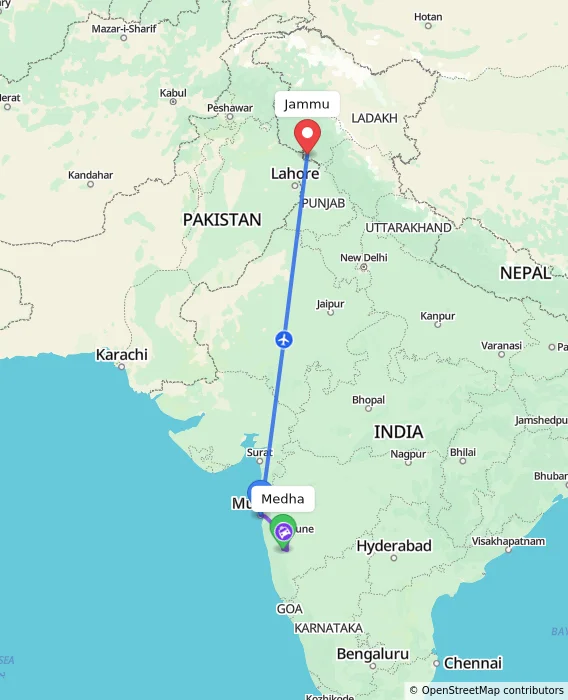 Route map showing distance and travel time from Medha, India to Jammu, India