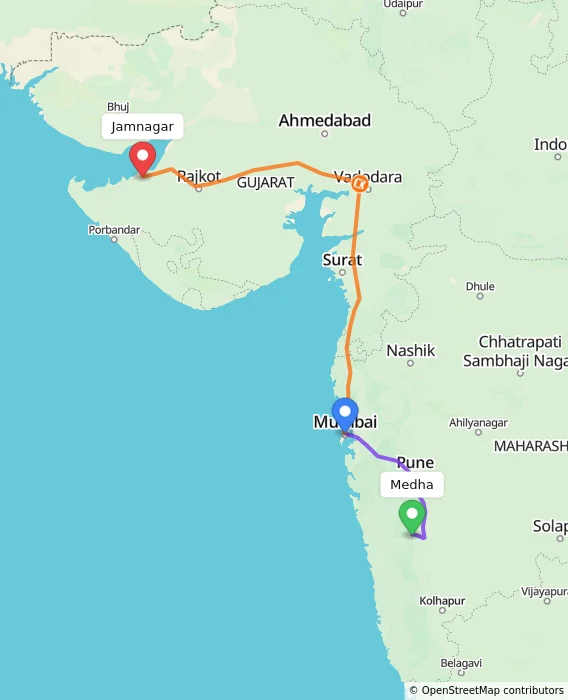 Route map showing distance and travel time from Medha, India to Jamnagar, India