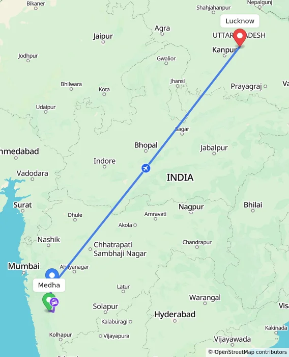 Route map showing distance and travel time from Medha, India to Lucknow, India