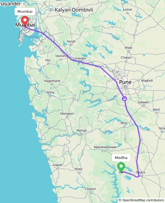 Route map showing distance and travel time from Medha, India to Mumbai, India