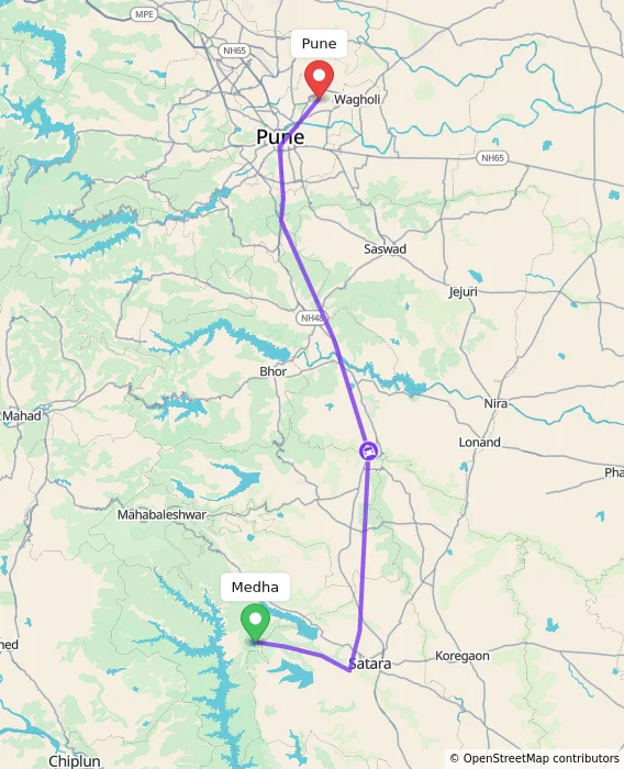 Route map showing distance and travel time from Medha, India to Pune, India