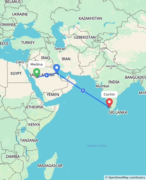 Route map showing distance and travel time from Medina, Saudi Arabia to Cochin, India