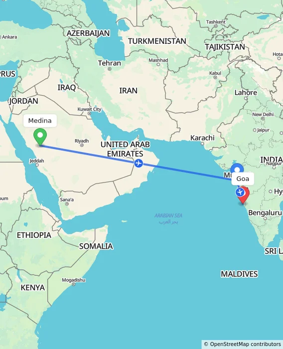 Route map showing distance and travel time from Medina, Saudi Arabia to Goa, India