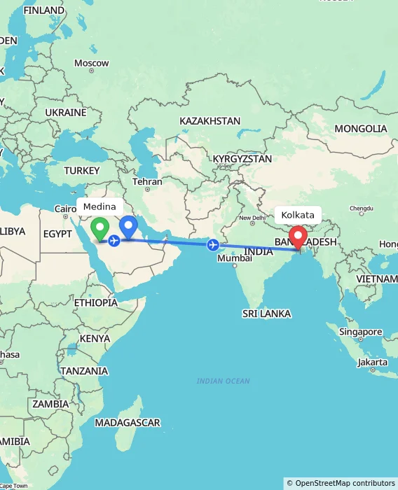 Route map showing distance and travel time from Medina, Saudi Arabia to Kolkata, India