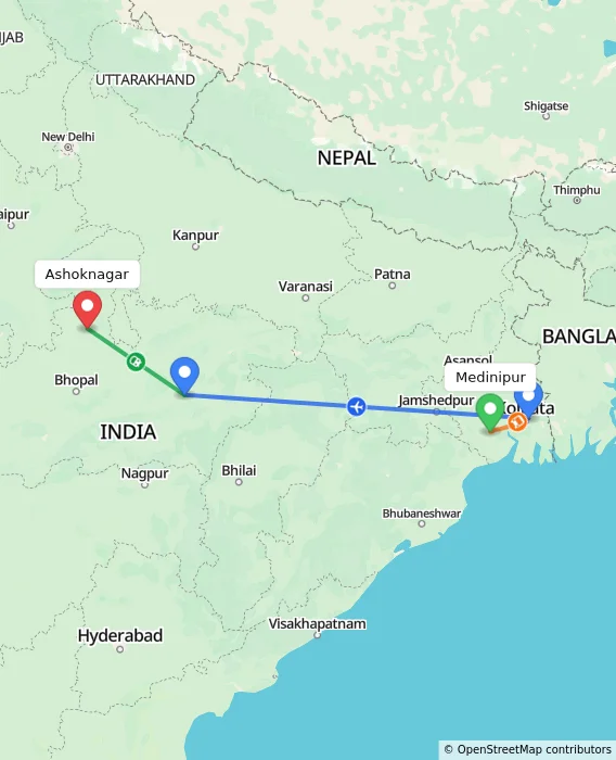 Route map showing distance and travel time from Medinipur, India to Ashoknagar, India