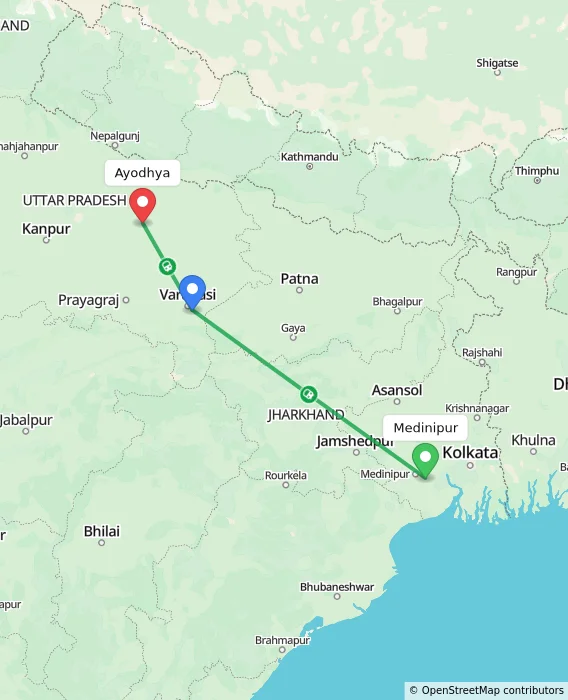 Route map showing distance and travel time from Medinipur, India to Ayodhya, India