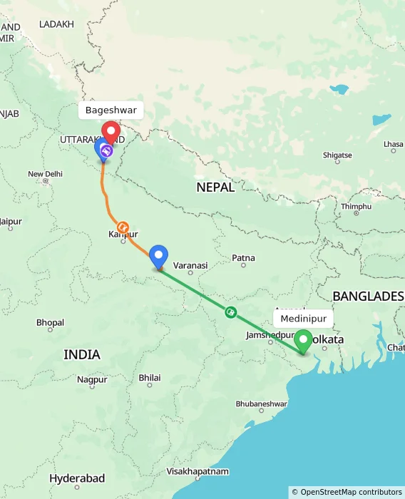 Route map showing distance and travel time from Medinipur, India to Bageshwar, India