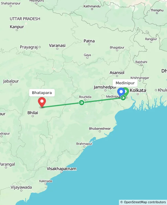 Route map showing distance and travel time from Medinipur, India to Bhatapara, India