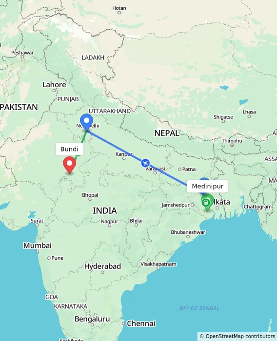 Route map showing distance and travel time from Medinipur, India to Bundi, India