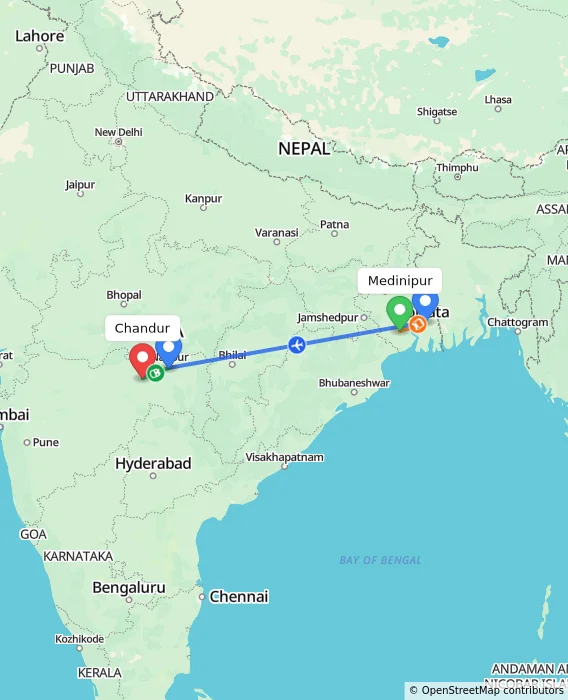 Route map showing distance and travel time from Medinipur, India to Chandur, India