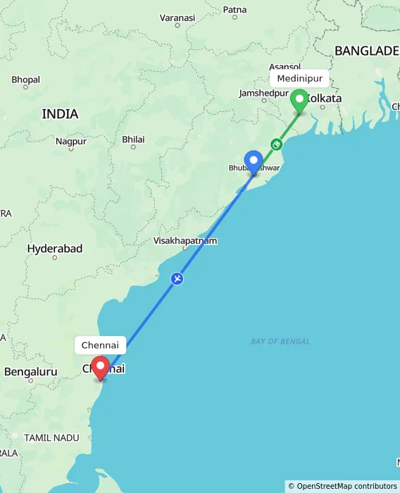Route map showing distance and travel time from Medinipur, India to Chennai, India