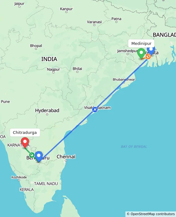 Route map showing distance and travel time from Medinipur, India to Chitradurga, India