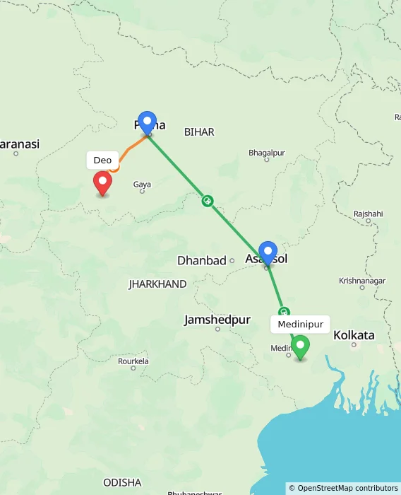 Route map showing distance and travel time from Medinipur, India to Deo, India
