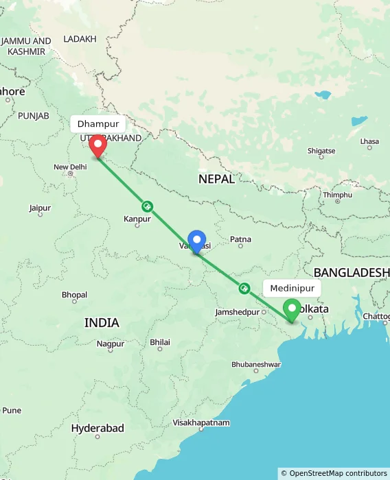 Route map showing distance and travel time from Medinipur, India to Dhampur, India
