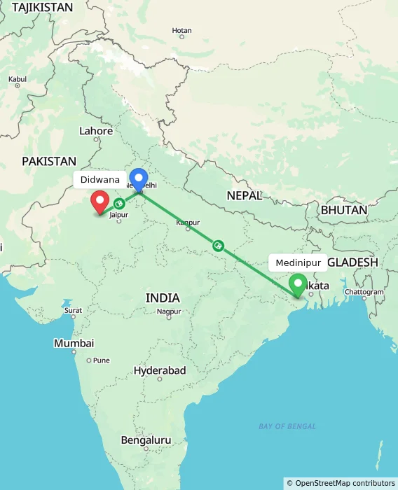 Route map showing distance and travel time from Medinipur, India to Didwana, India