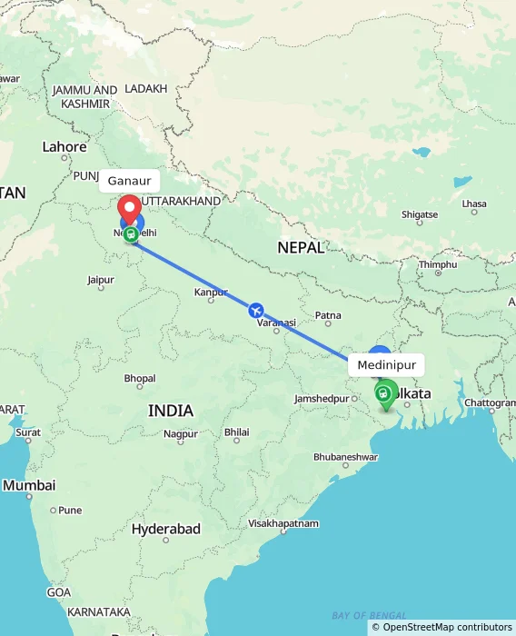 Route map showing distance and travel time from Medinipur, India to Ganaur, India