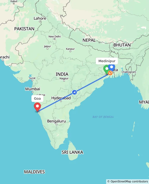 Route map showing distance and travel time from Medinipur, India to Goa, India