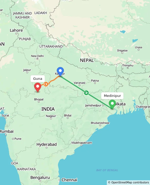Route map showing distance and travel time from Medinipur, India to Guna, India