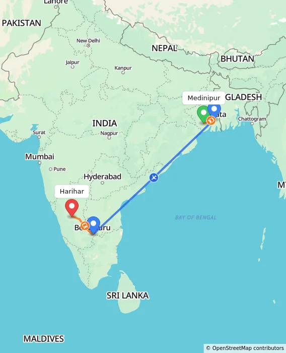 Route map showing distance and travel time from Medinipur, India to Harihar, India