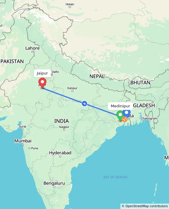 Route map showing distance and travel time from Medinipur, India to Jaipur, India