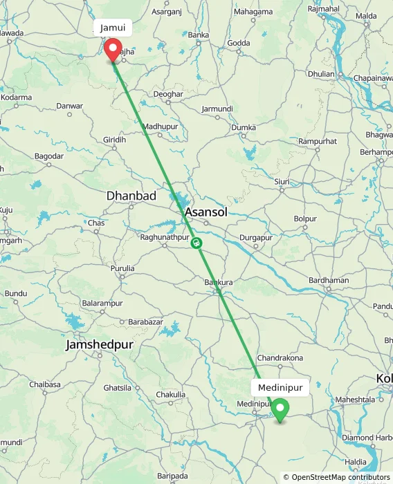Route map showing distance and travel time from Medinipur, India to Jamui, India