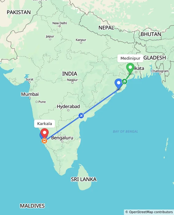 Route map showing distance and travel time from Medinipur, India to Karkala, India