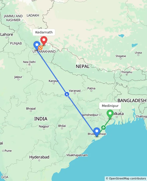 Route map showing distance and travel time from Medinipur, India to Kedarnath, India