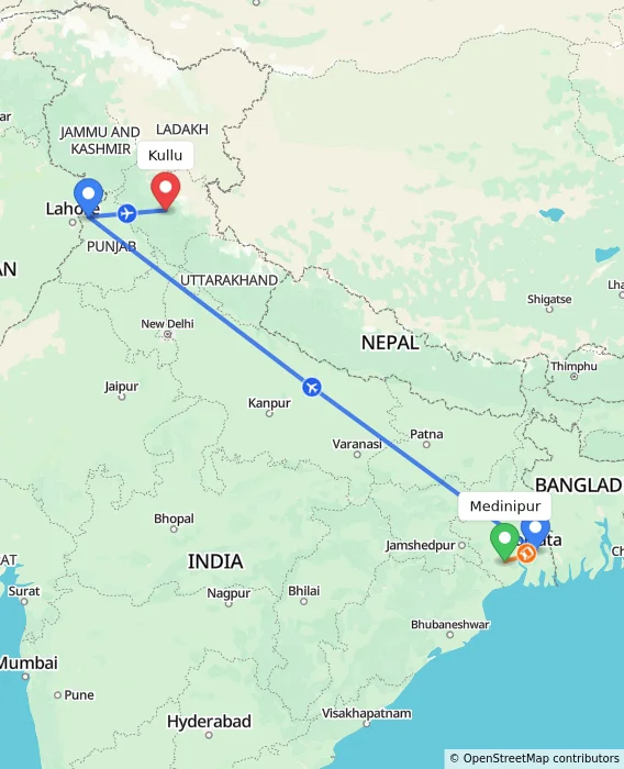 Route map showing distance and travel time from Medinipur, India to Kullu, India
