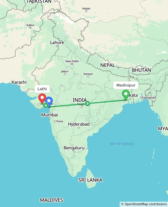 Route map showing distance and travel time from Medinipur, India to Lathi, India