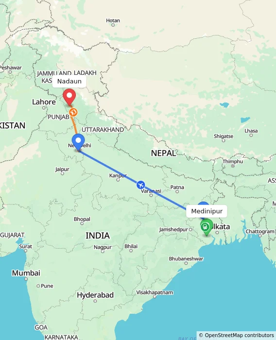 Route map showing distance and travel time from Medinipur, India to Nadaun, India