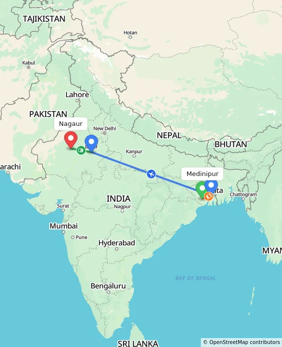 Route map showing distance and travel time from Medinipur, India to Nagaur, India